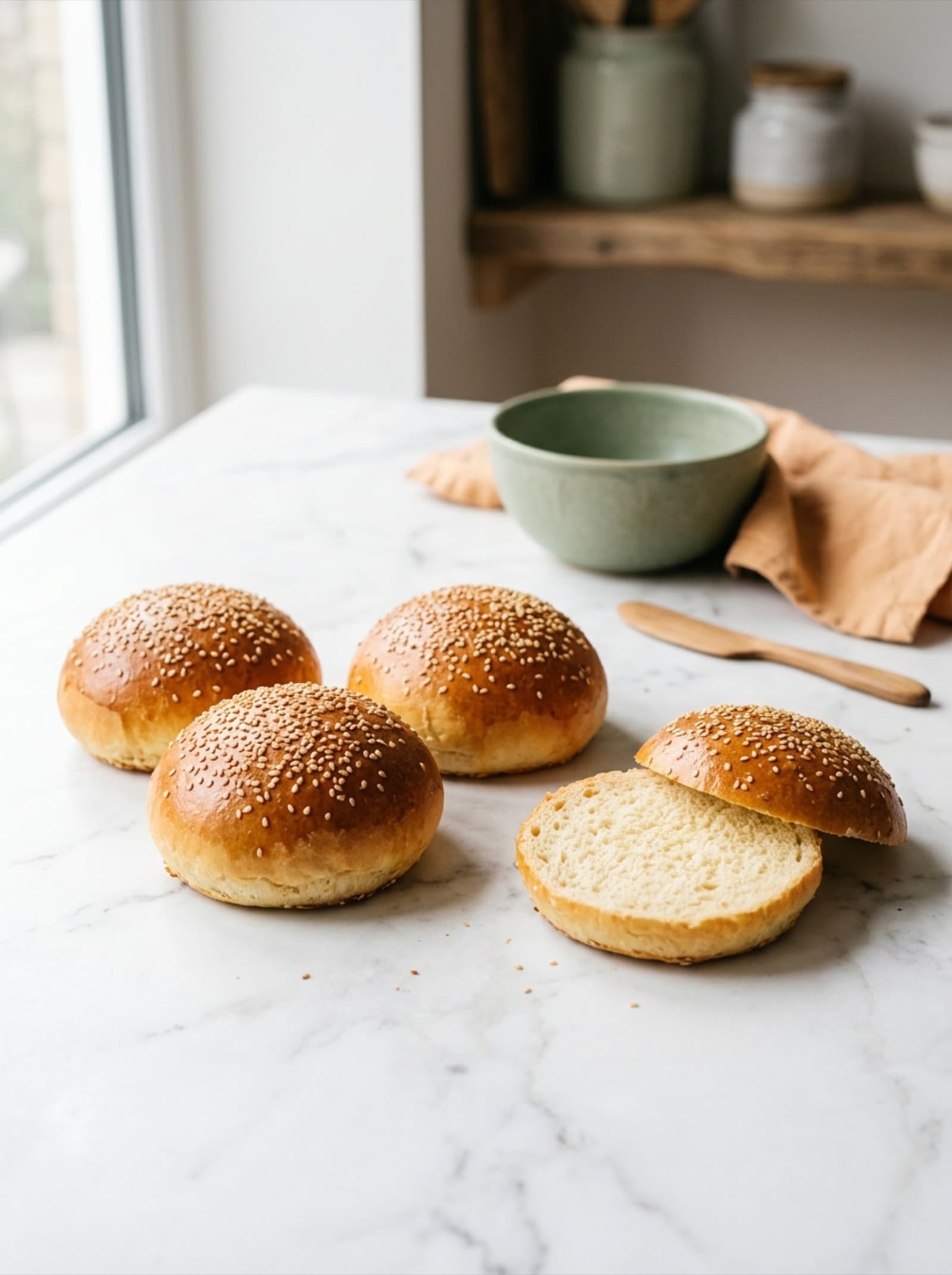 Four sesame-topped burger buns on a white marble surface