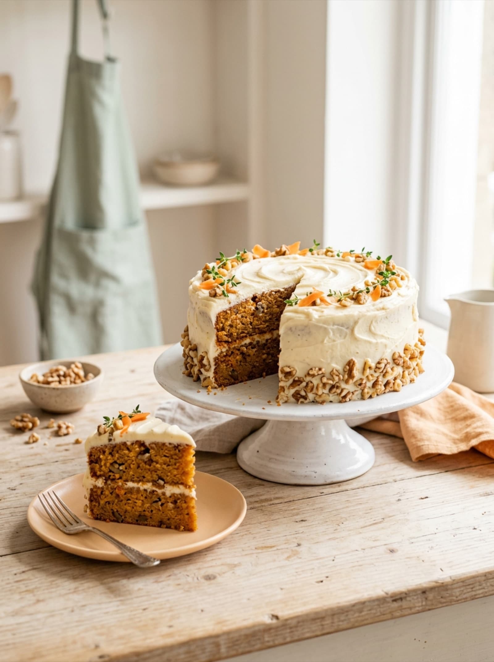 A frosted layer cake decorated with fresh flowers, one slice cut