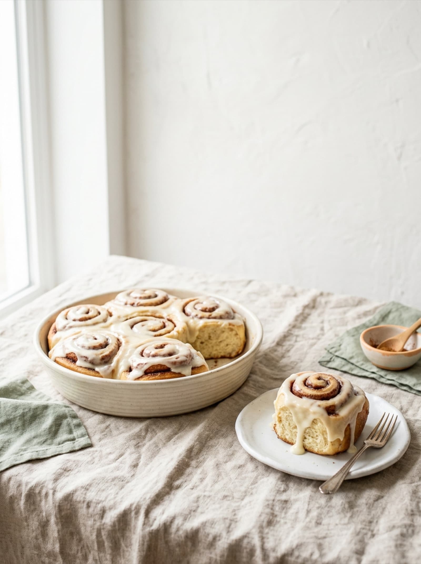 Glazed cinnamon rolls in a baking dish with one served on a plate