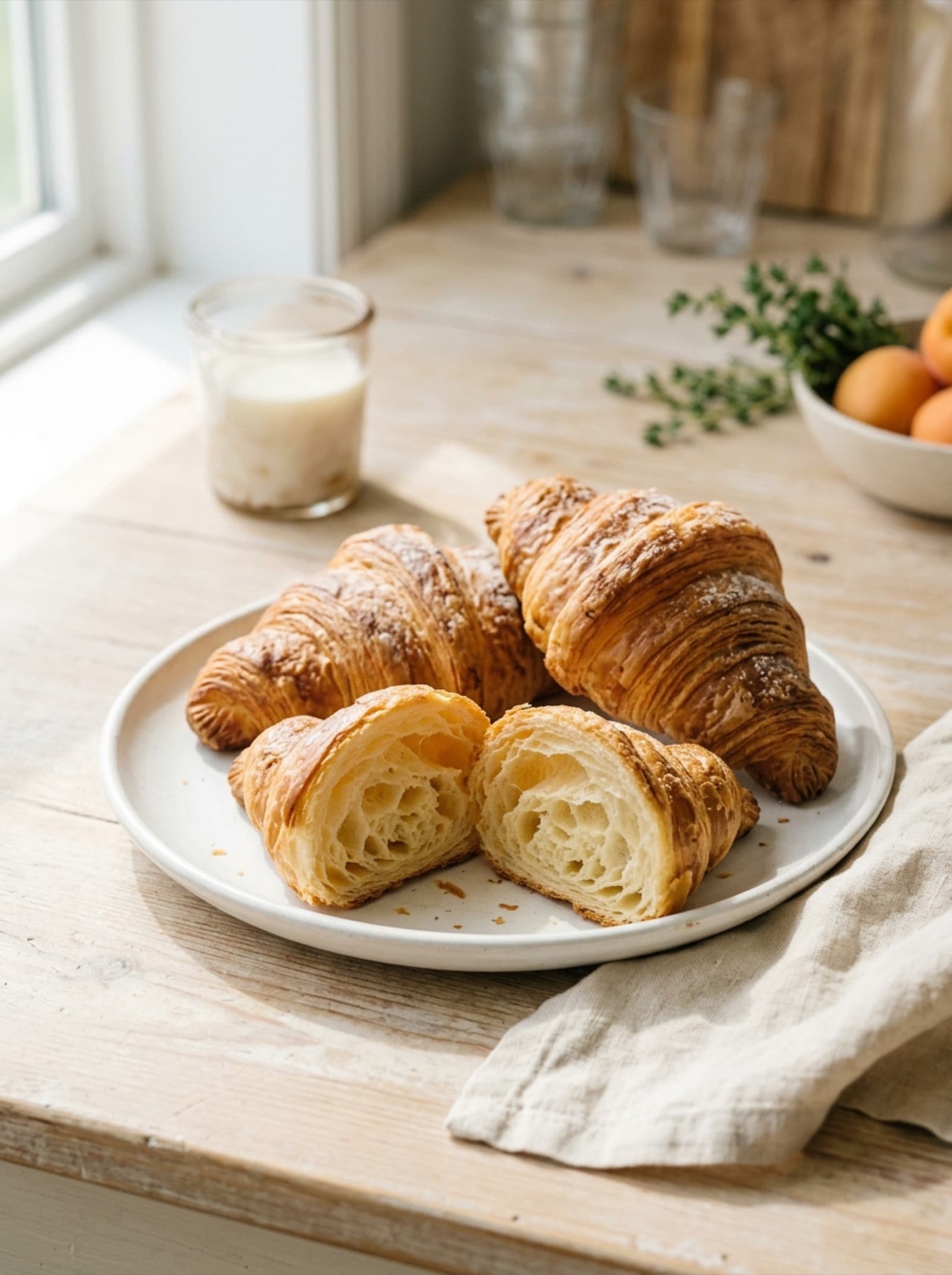 Golden croissants on a plate, one torn open to show the layered interior