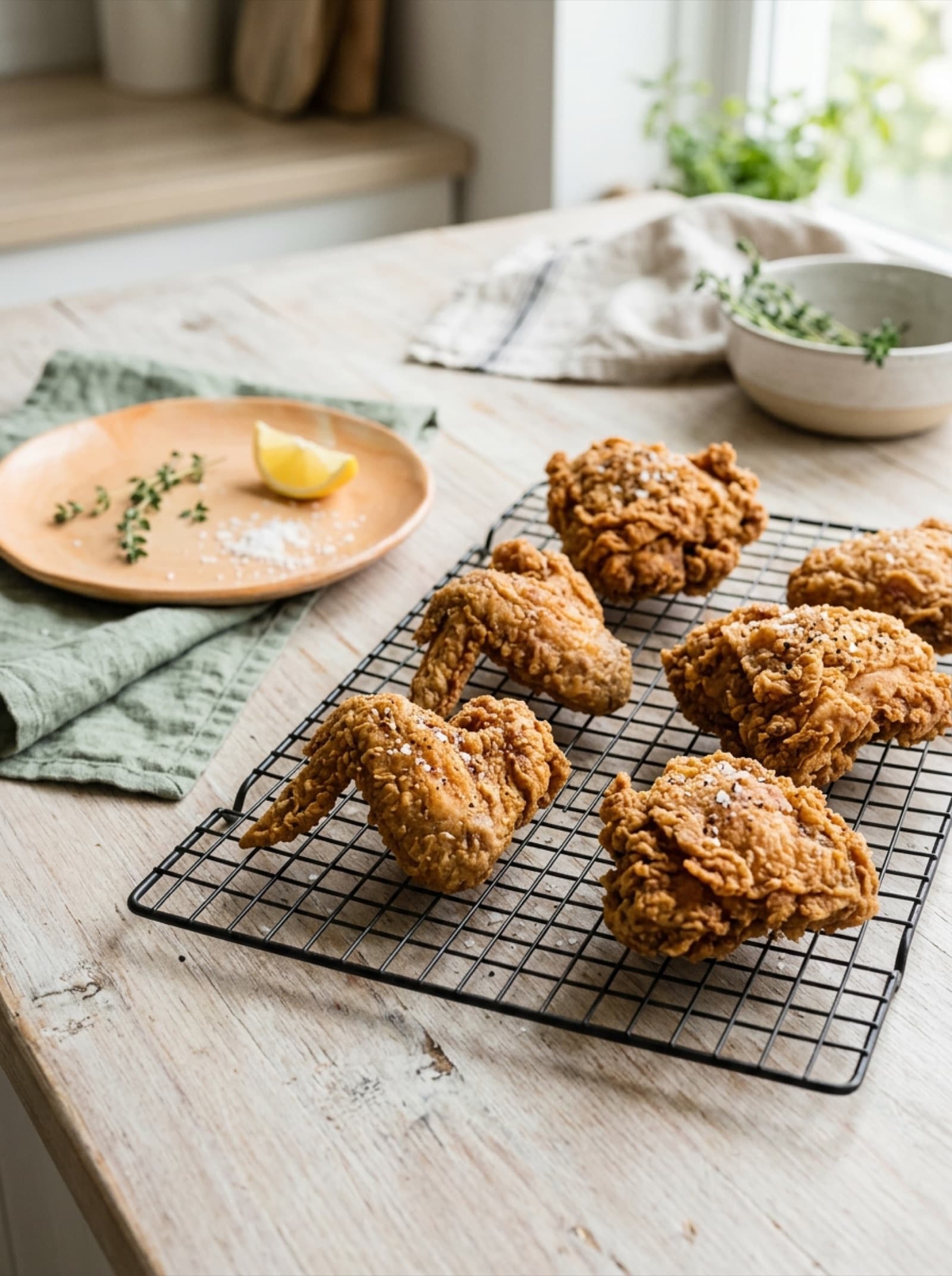 Crisp fried chicken pieces resting on a wire cooling rack
