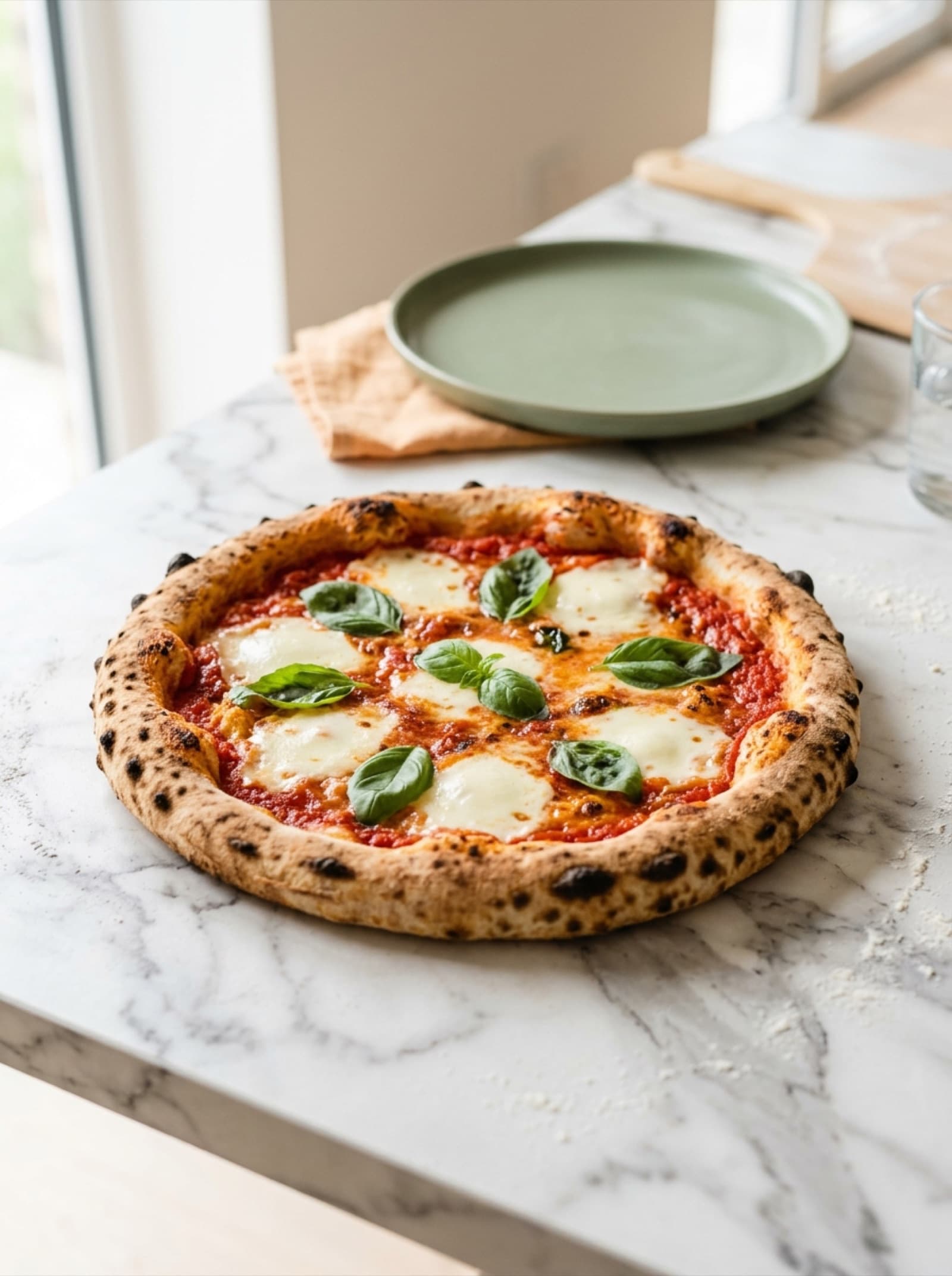 A margherita pizza with fresh basil on a bright kitchen counter