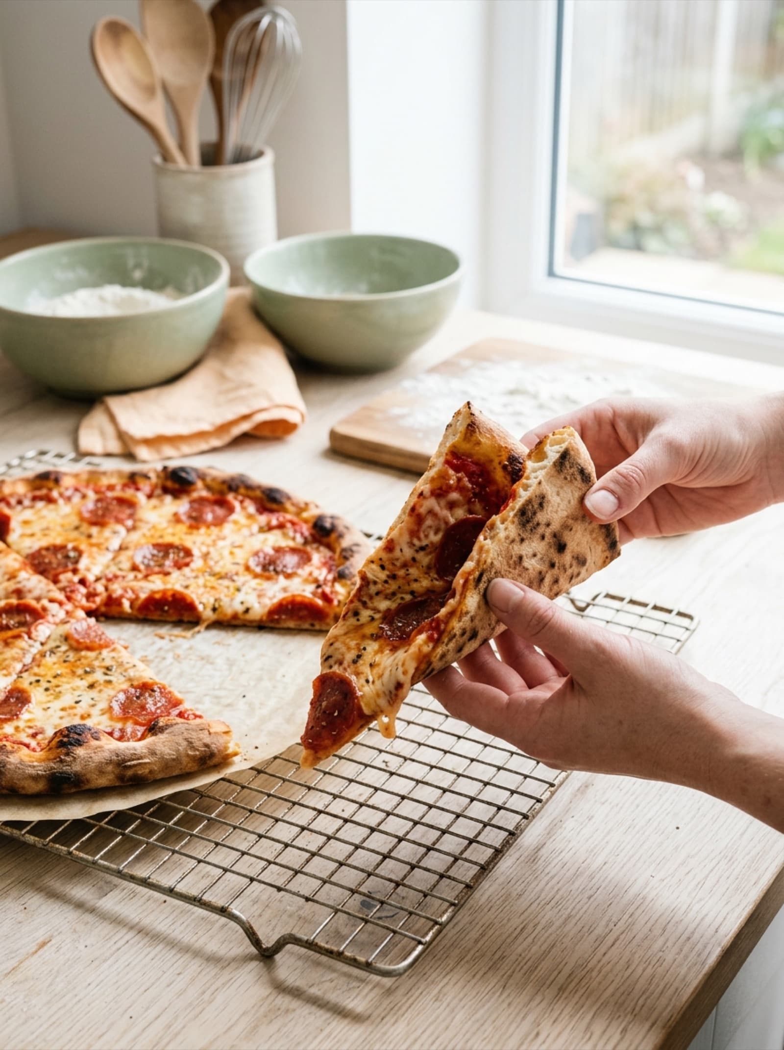 A hand lifting a flexible slice of gluten-free pizza
