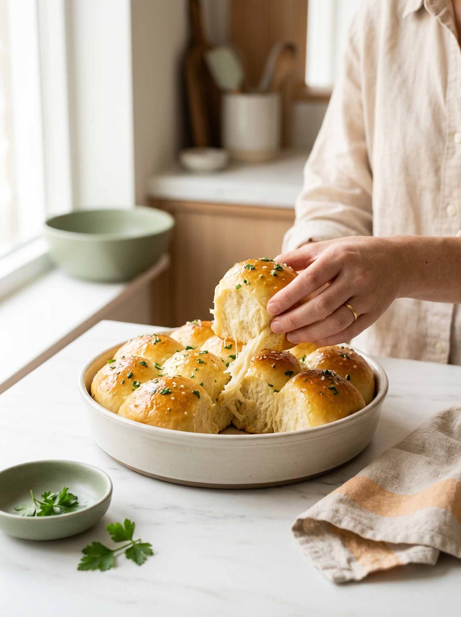 Hands pulling a warm gluten-free garlic butter roll from a dish of golden pull-apart rolls